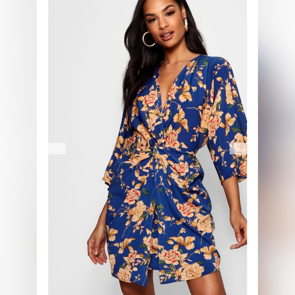 BOOHOO Tall Blue Floral Wrap Dress Size 6